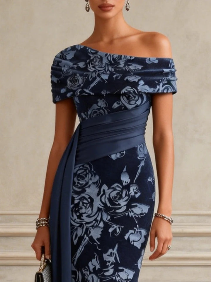 Blue Floral Split Joint Ruched Velvet One Shoulder Short Sleeve Bodycon Maxi Dress