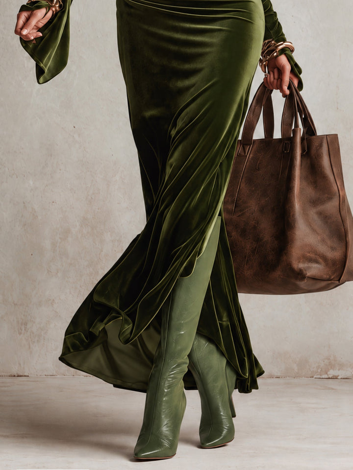 Olive Green Velvet Asymmetrical Off-Shoulder Turtleneck Ruched Maxi Dress