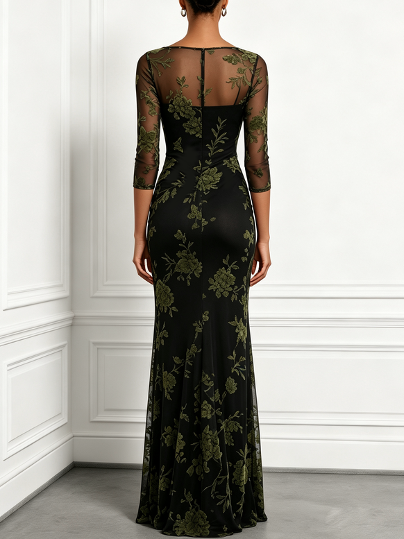 Green Jacquard Classic Boat Neck Three Quarter Sleeve Maxi Dress