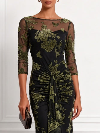 Green Jacquard Classic Boat Neck Three Quarter Sleeve Maxi Dress