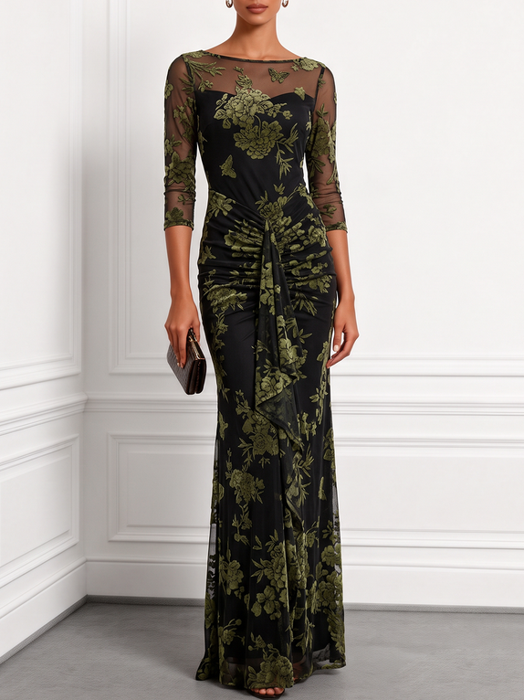 Green Jacquard Classic Boat Neck Three Quarter Sleeve Maxi Dress