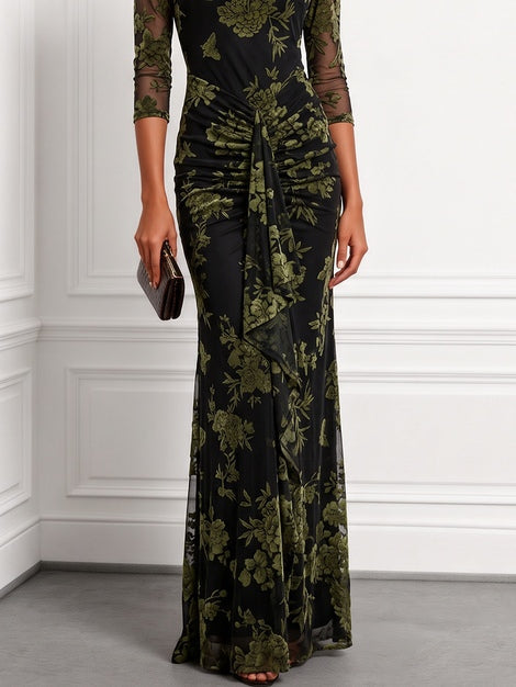 Green Jacquard Classic Boat Neck Three Quarter Sleeve Maxi Dress