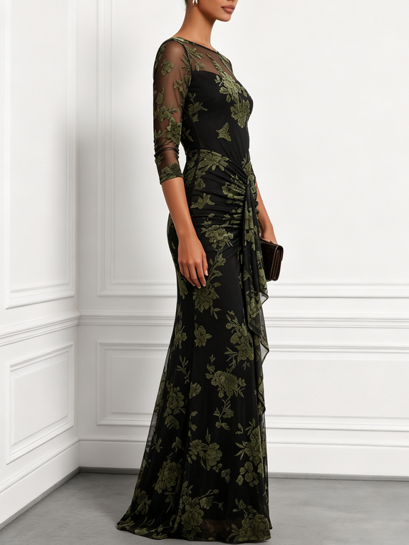 Green Jacquard Classic Boat Neck Three Quarter Sleeve Maxi Dress