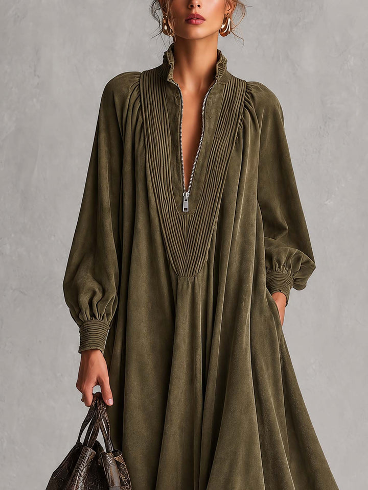 Olive Green Half Zip Pintuck Lantern Sleeve Maxi Dress