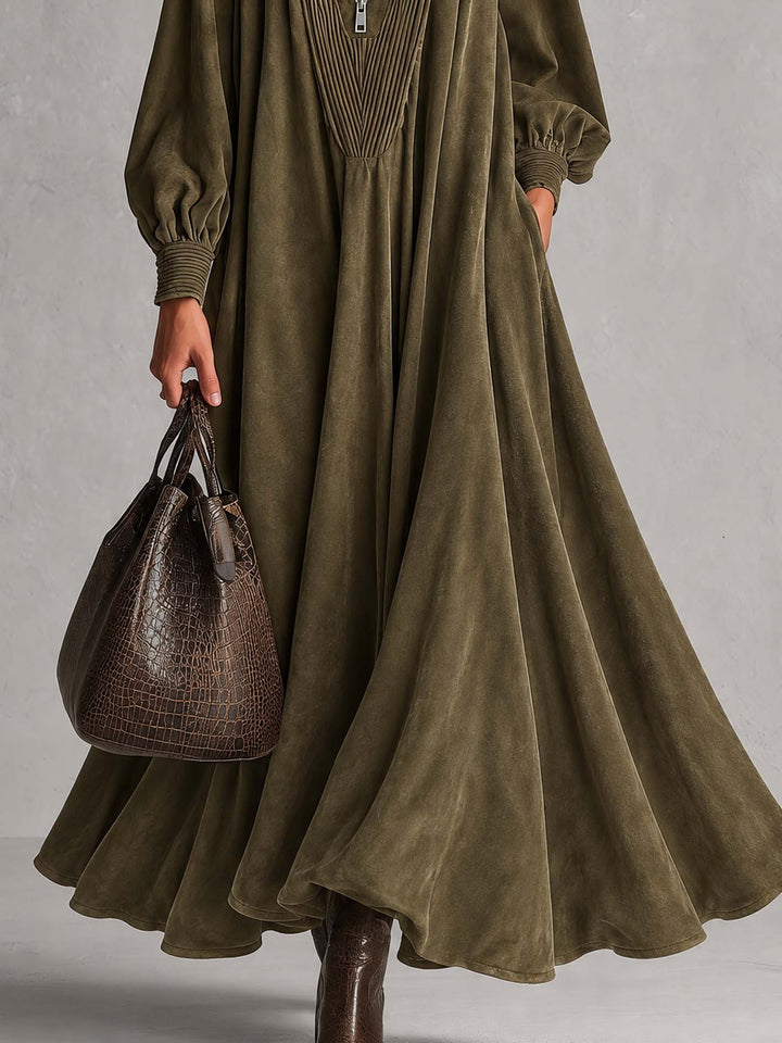 Olive Green Half Zip Pintuck Lantern Sleeve Maxi Dress