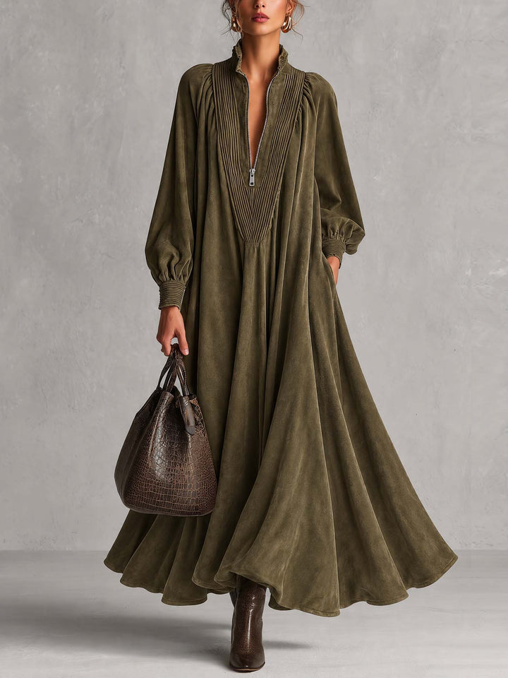 Olive Green Half Zip Pintuck Lantern Sleeve Maxi Dress