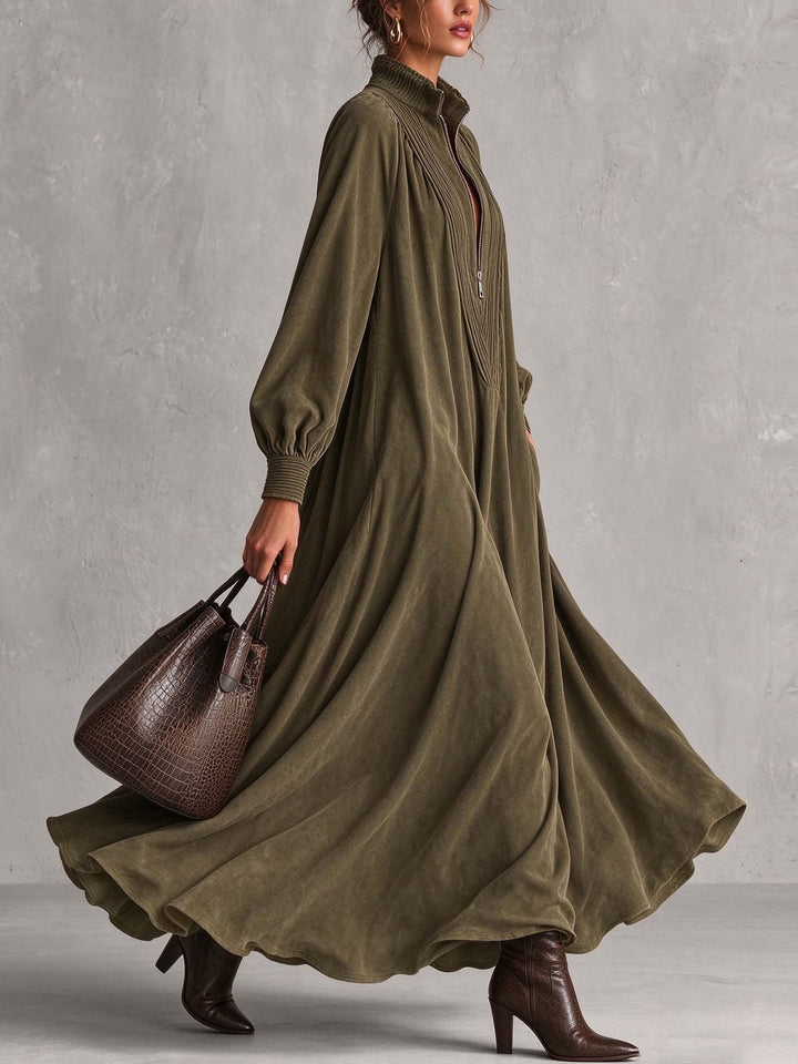 Olive Green Half Zip Pintuck Lantern Sleeve Maxi Dress