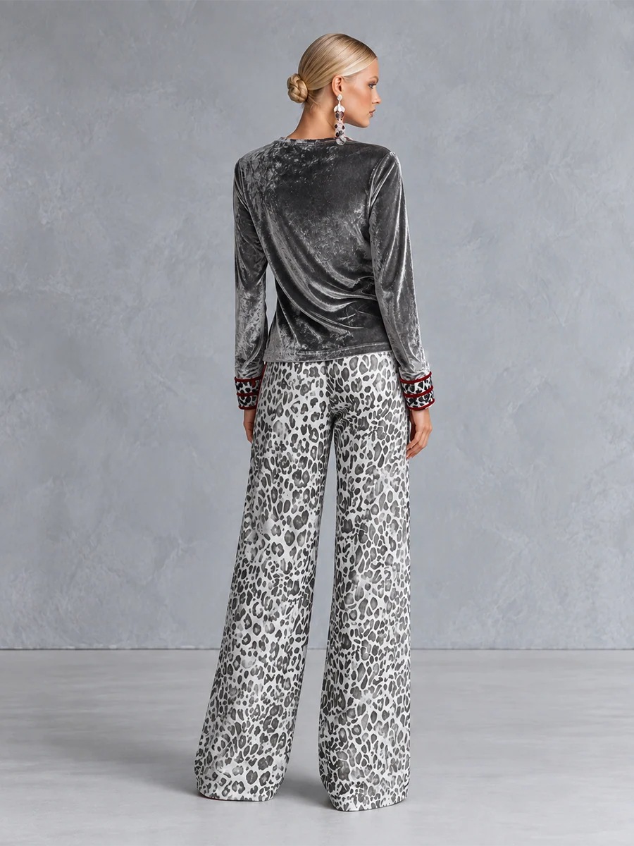 Silver Velvet Top & Leopard Print Wide-Leg Pants Set