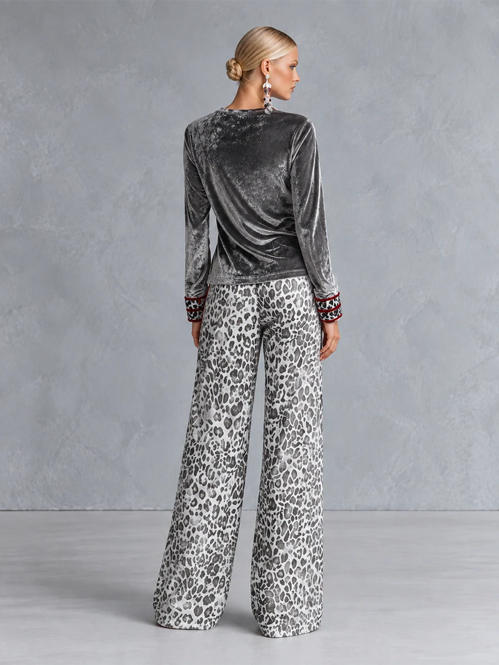Silver Velvet Top & Leopard Print Wide-Leg Pants Set