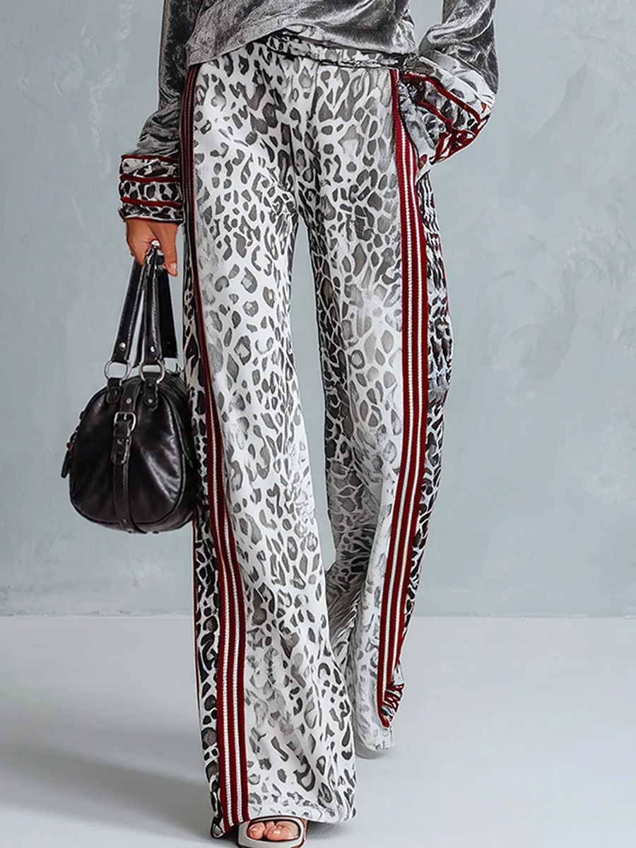 Silver Velvet Top & Leopard Print Wide-Leg Pants Set