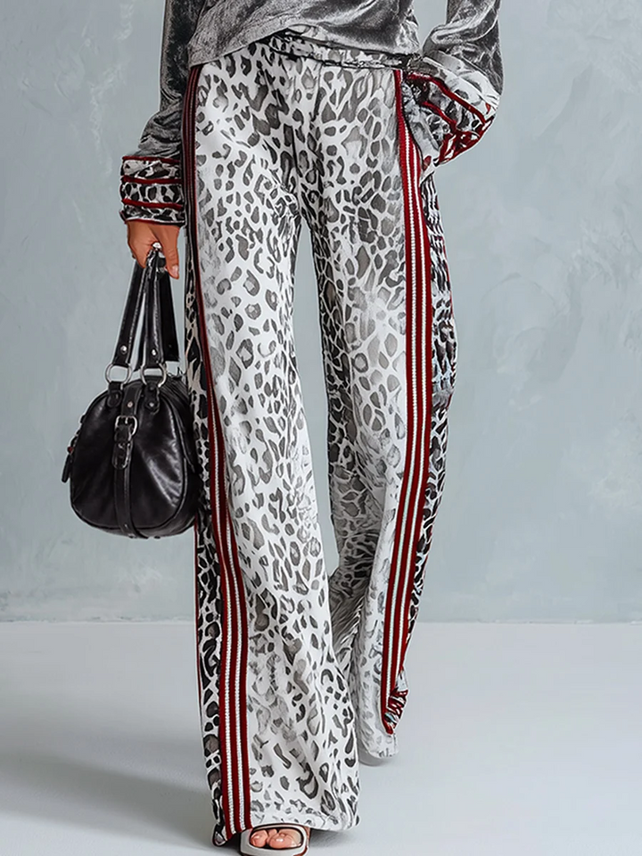 Silver Velvet Top & Leopard Print Wide-Leg Pants Set