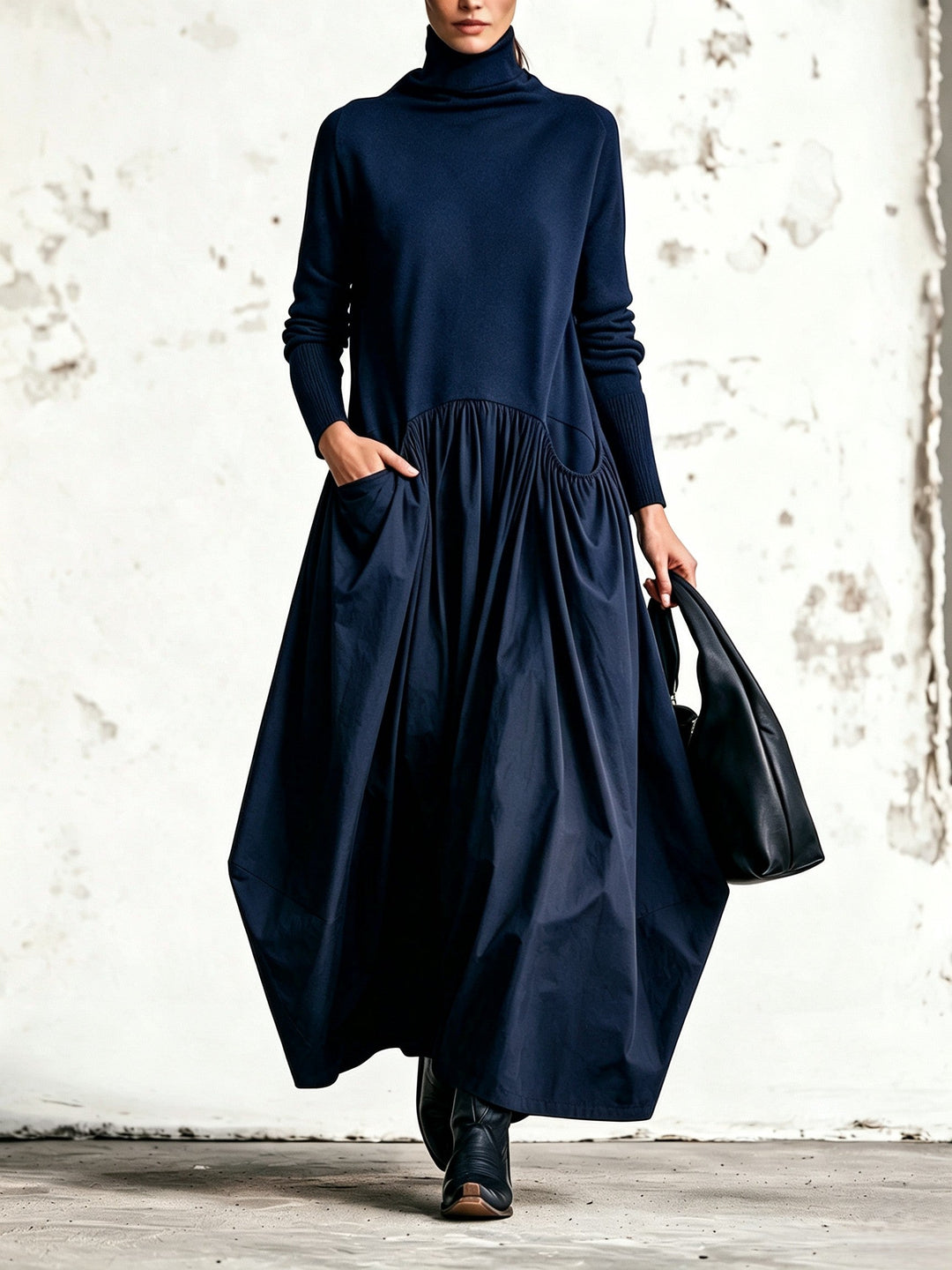 High Neck Pocket Detail Oversized Maxi Dress
