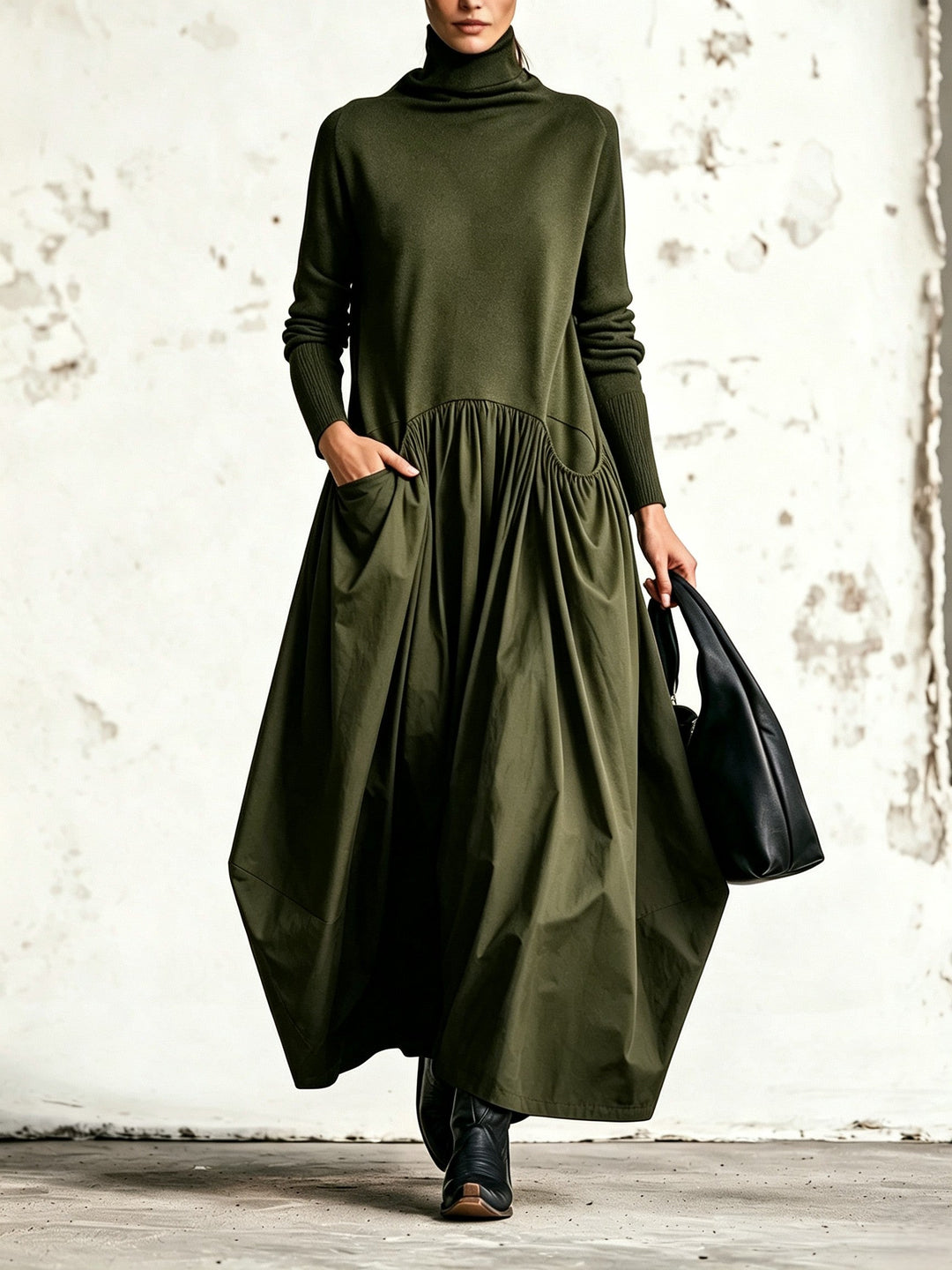 High Neck Pocket Detail Oversized Maxi Dress