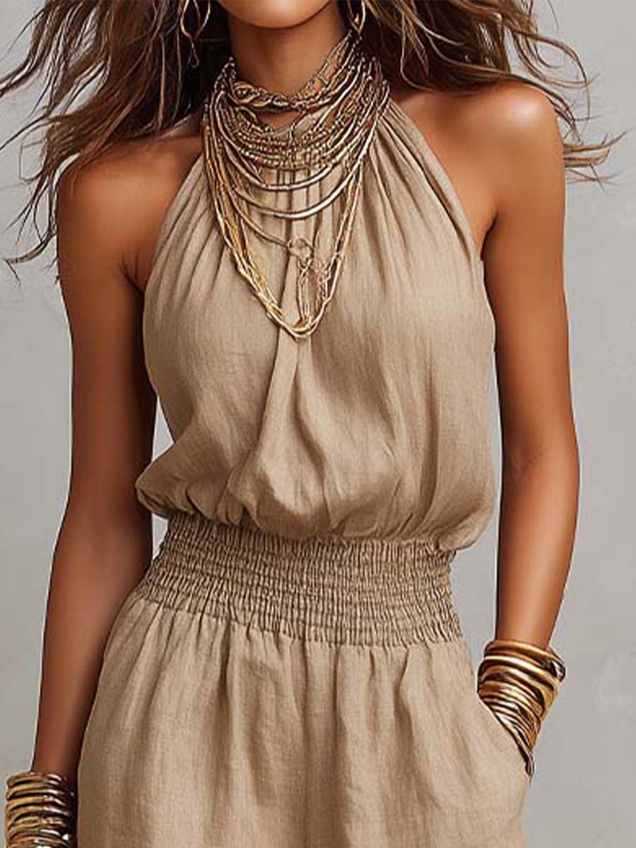 Donna Tan Linen Halter Neck Wide Leg Jumpsuit