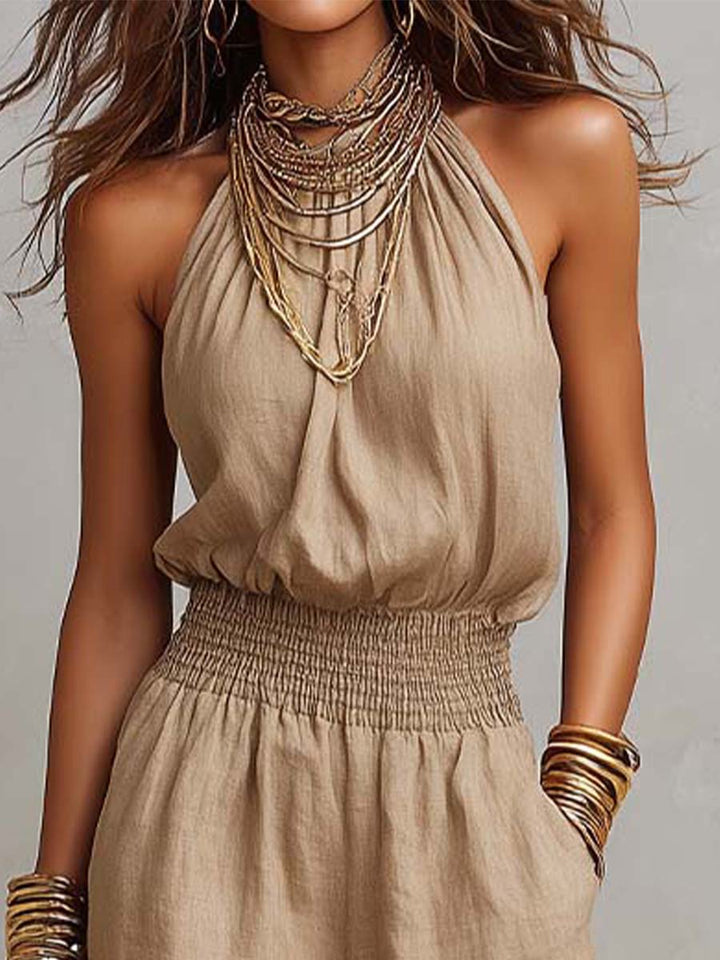 Donna Tan Linen Halter Neck Wide Leg Jumpsuit
