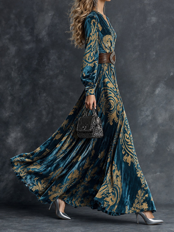 Teal Blue & Gold Baroque Print Maxi Dress side view