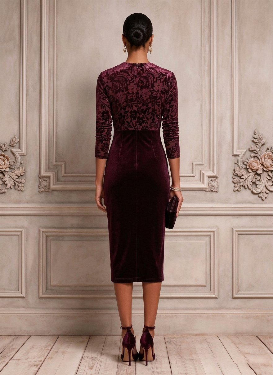 Purple Flocked Ruched Velvet V Neck Long Sleeve Sheath Midi Dress
