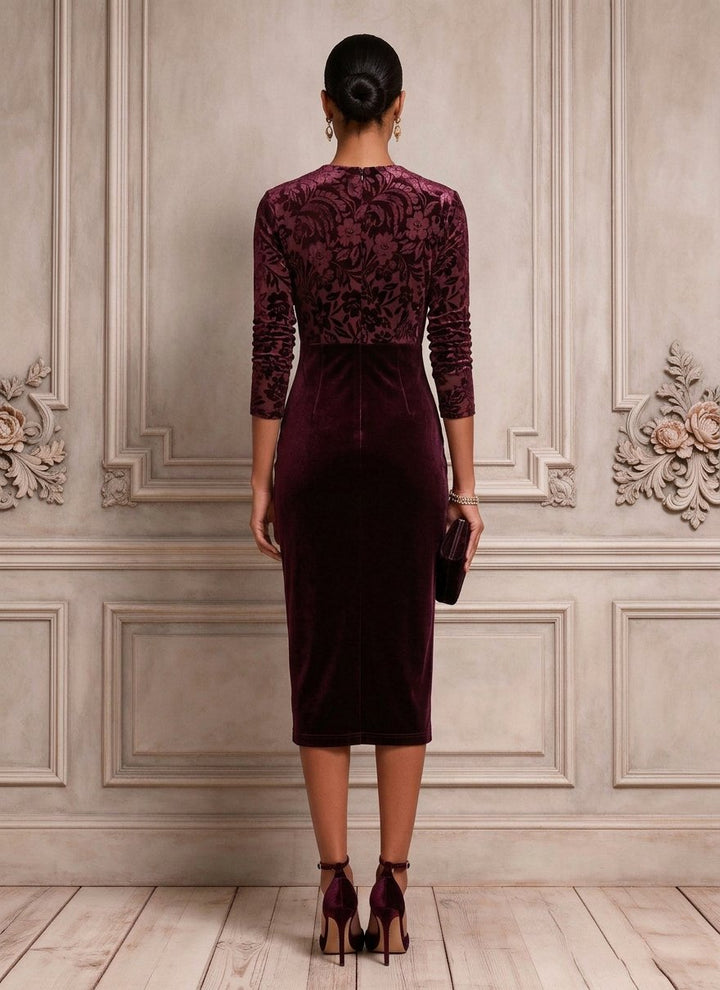 Purple Flocked Ruched Velvet V Neck Long Sleeve Sheath Midi Dress