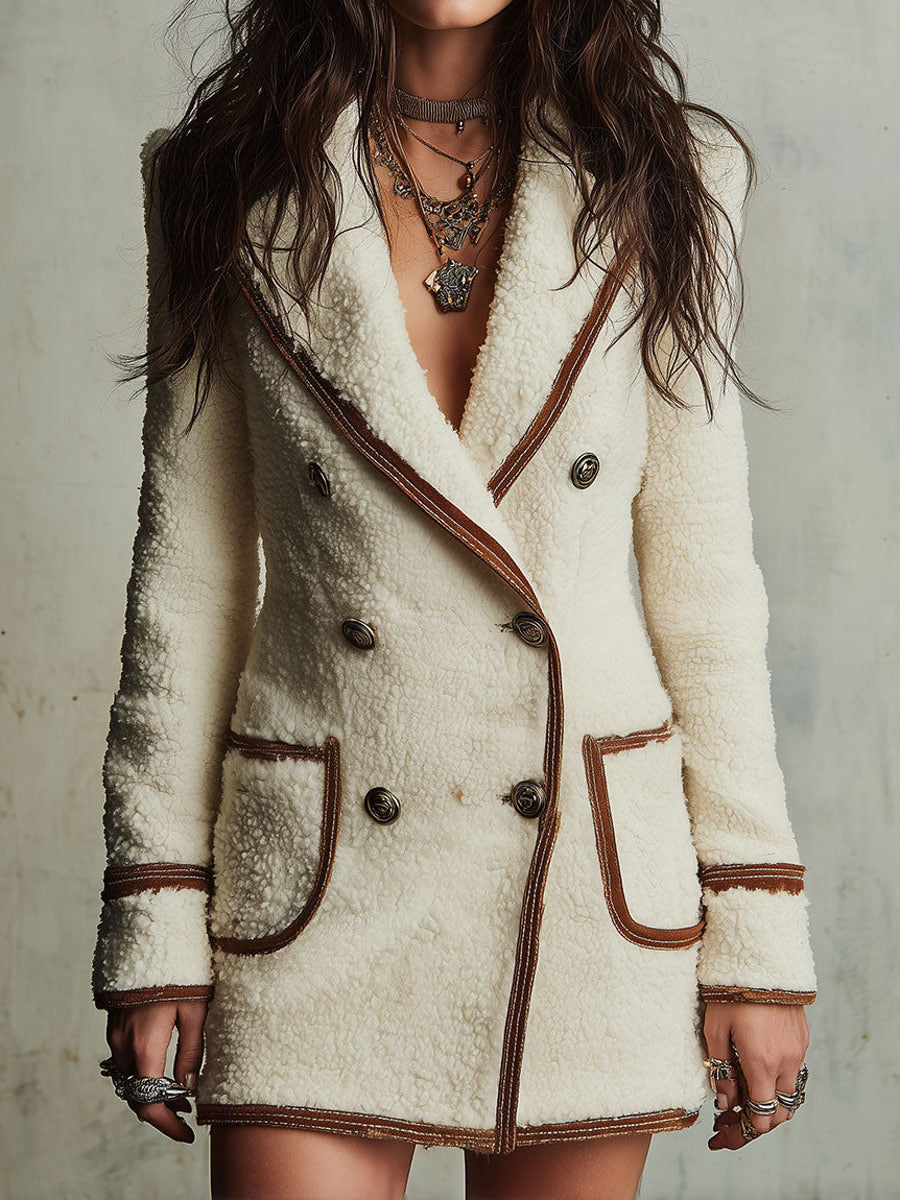 Boho Cream Sherpa Double-Breasted Coat with Brown Contrast Piping