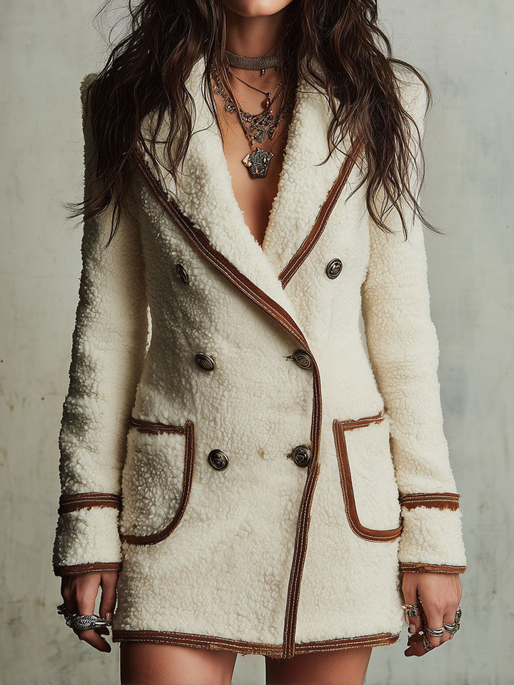 Boho Cream Sherpa Double-Breasted Coat with Brown Contrast Piping
