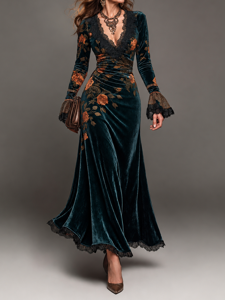 Elegant Dark Teal Velvet Floral Print Maxi Dress