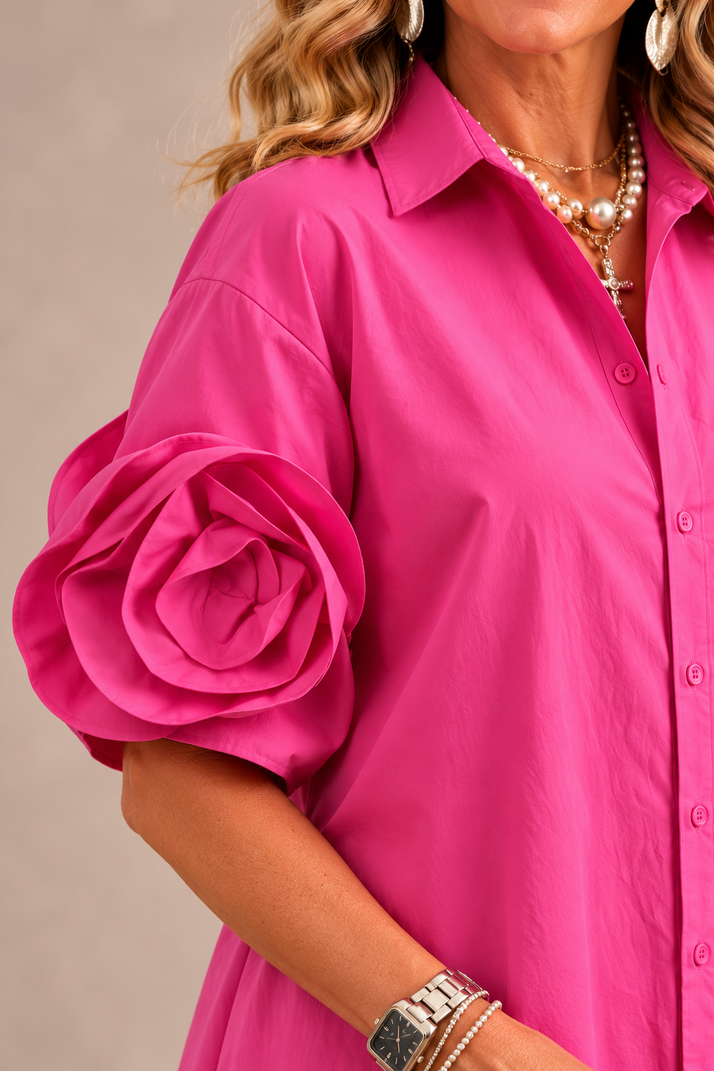 Women 3D Rose Sleeve Shirt Midi Dress Button Down Ruffle Hem Dress With Pockets