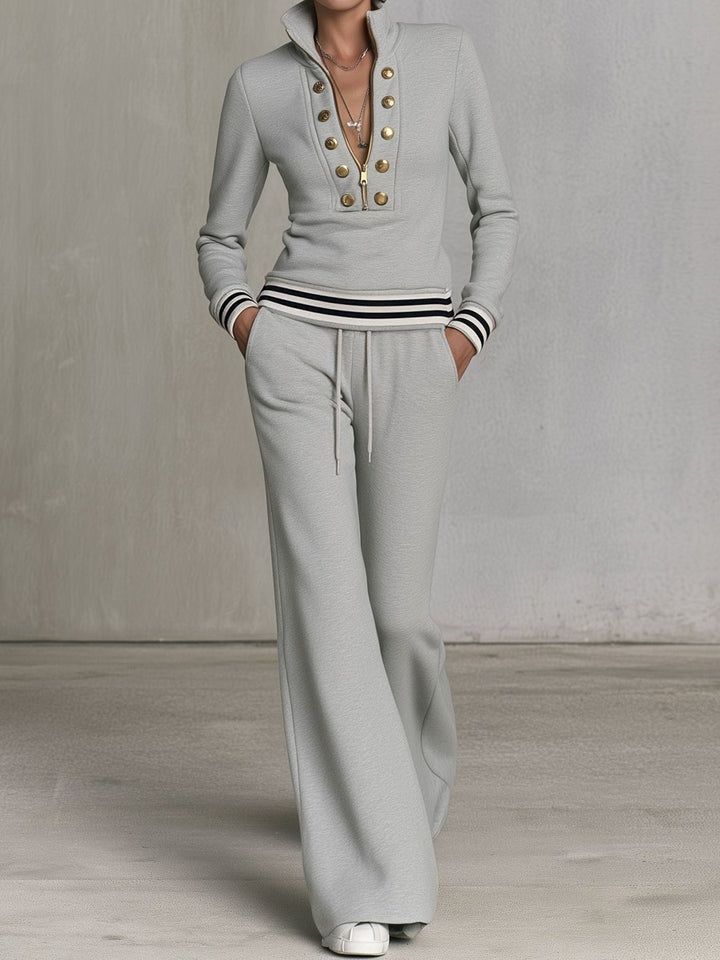 Fashionable Sporty Grey Half-zip Button Sweatshirt And Wide-leg Pants Set
