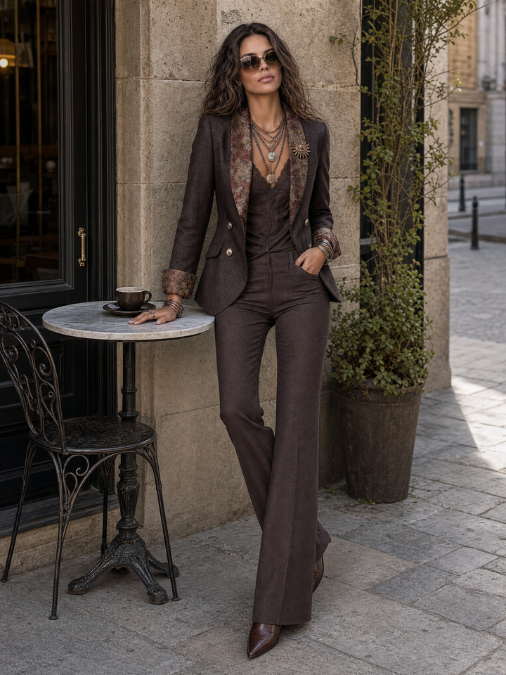 Vintage Herringbone with Floral Print Lapel Blazer