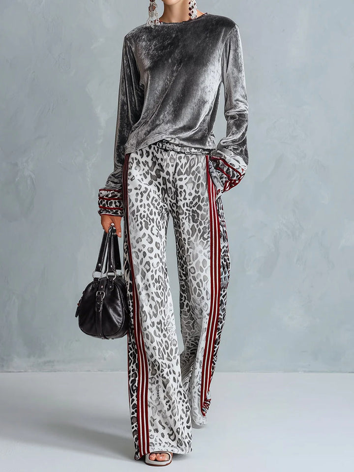 Silver Velvet Top and Leopard Print Wide-Leg Pants Set