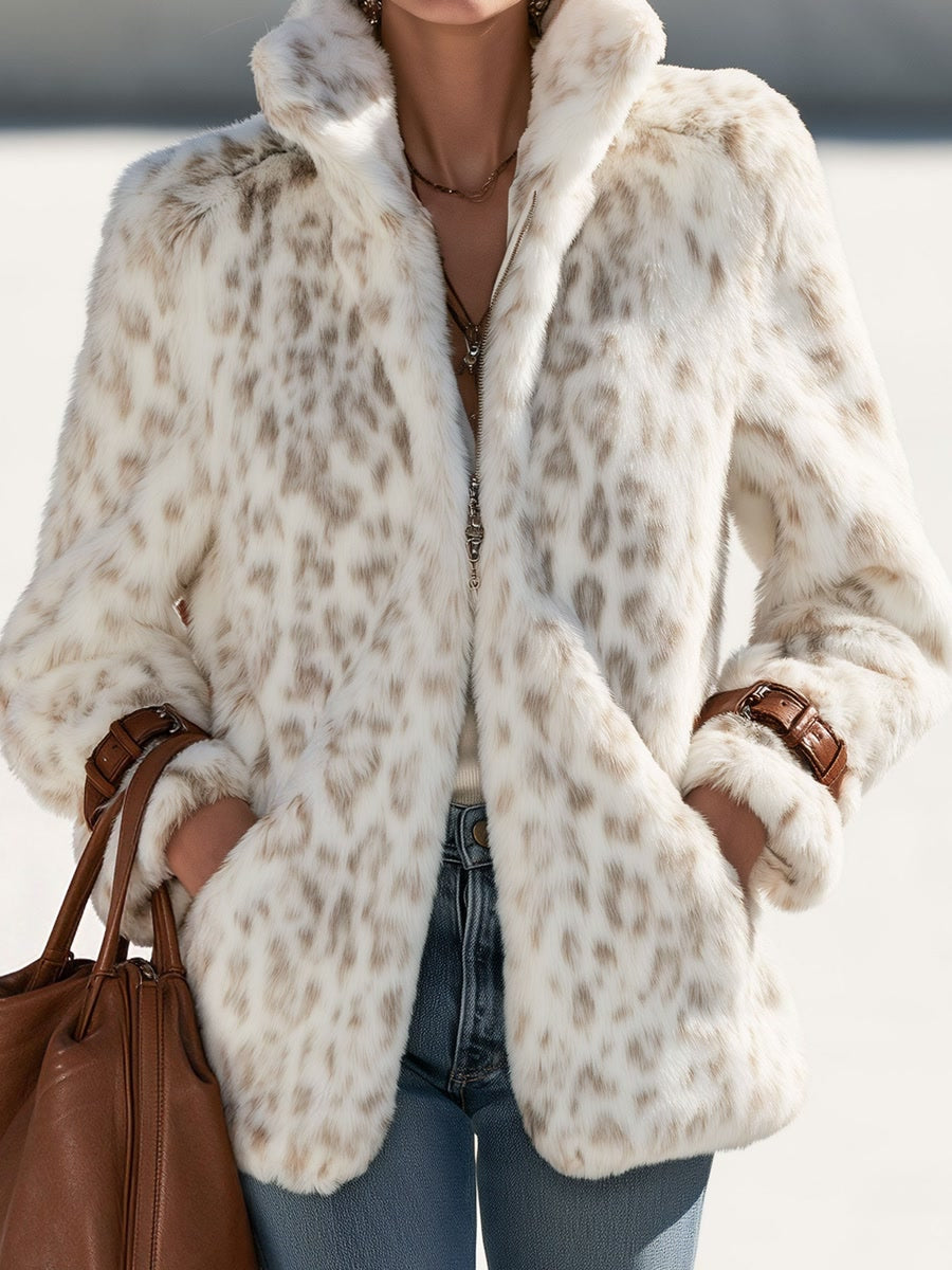 Fashionable Retro Leopard Print Off-white Faux Fur Short Coat