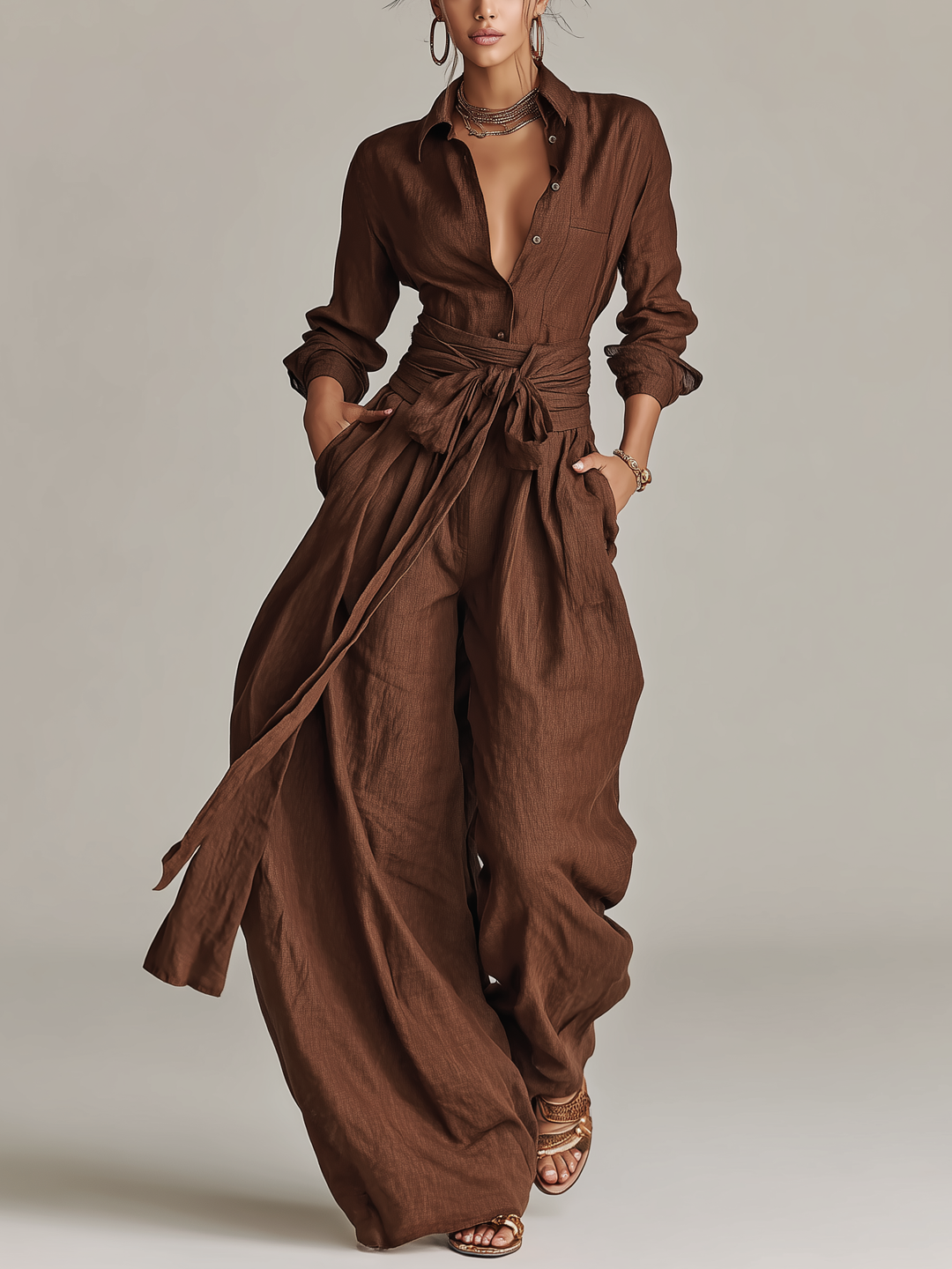 Women's Elegant Brown Woven Cotton-linen Long-sleeved Shirt Collar Jumpsuit With Belt