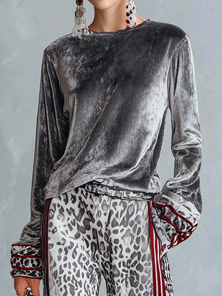 Silver Velvet Top and Leopard Print Wide-Leg Pants Set