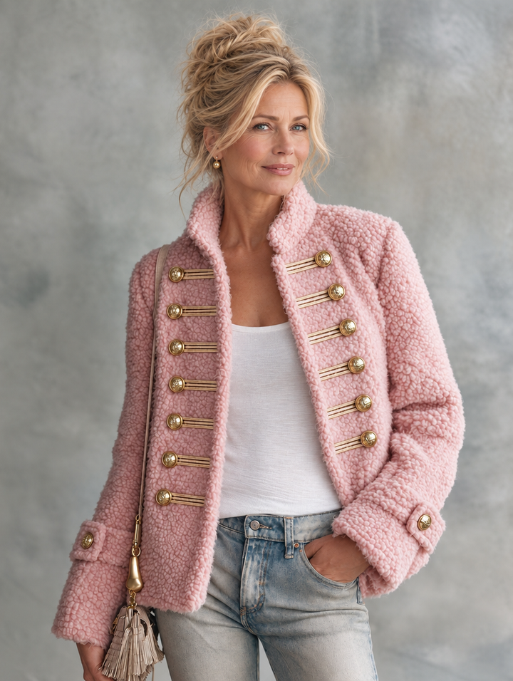 Retro Elegant Pink Teddy Fleece Stand-Collar Gold-Button Military Coat
