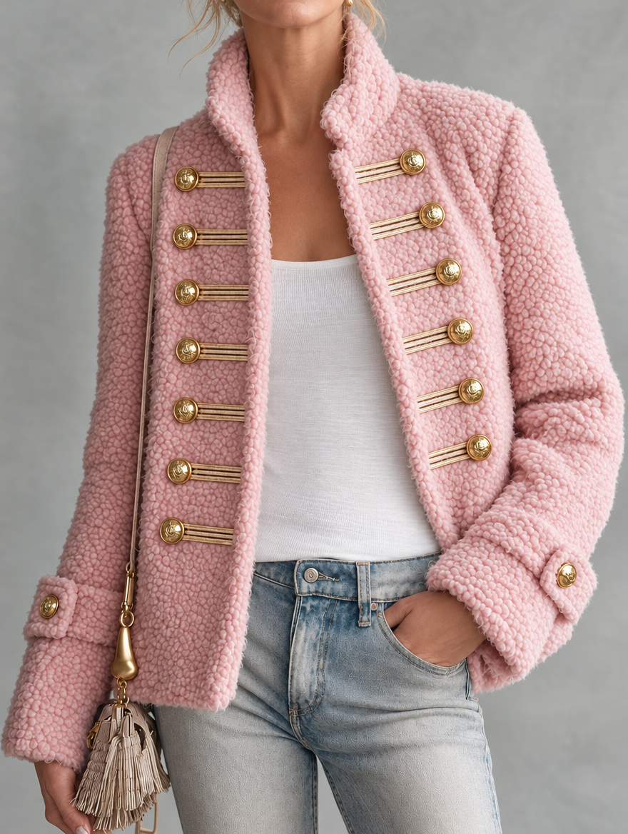 Retro Elegant Pink Teddy Fleece Stand-Collar Gold-Button Military Coat