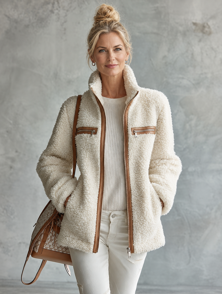 Retro Chic Brown Color-blocked Off-white Fleece Zip-up Pocket Jacket