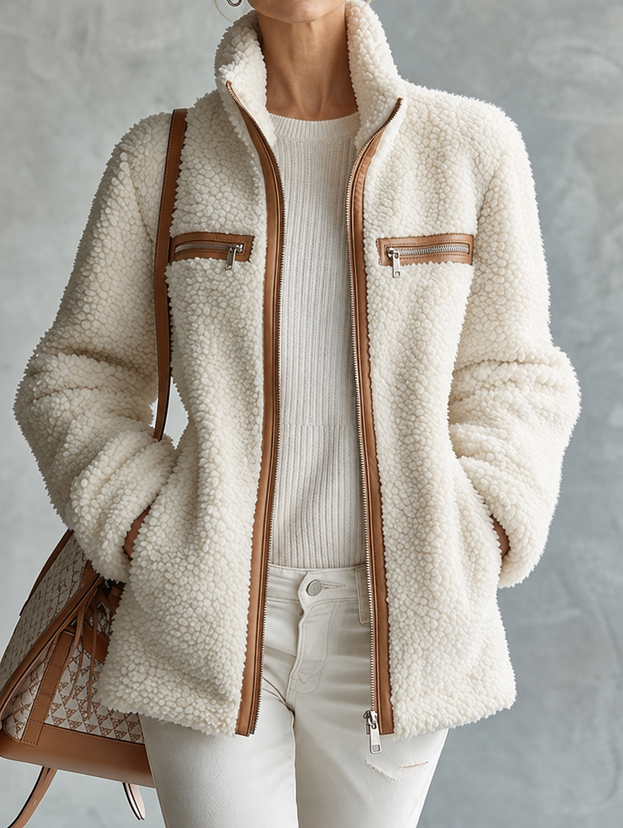 Retro Chic Brown Color-blocked Off-white Fleece Zip-up Pocket Jacket