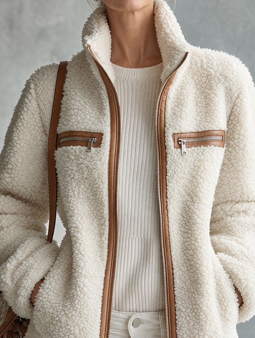 Retro Chic Brown Color-blocked Off-white Fleece Zip-up Pocket Jacket