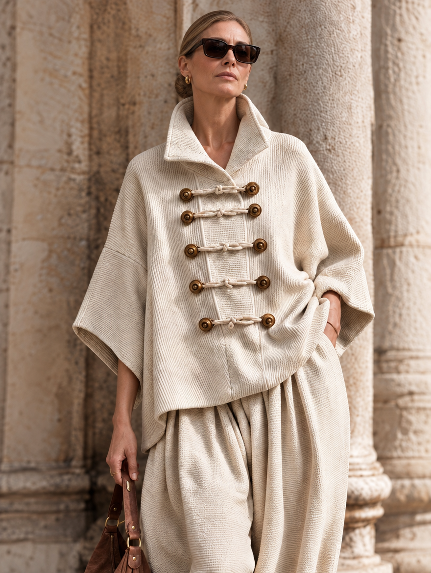 Oversized layered-collar toggle-fastening top and wide-leg trousers set