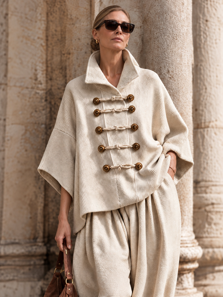 Oversized layered-collar toggle-fastening top and wide-leg trousers set