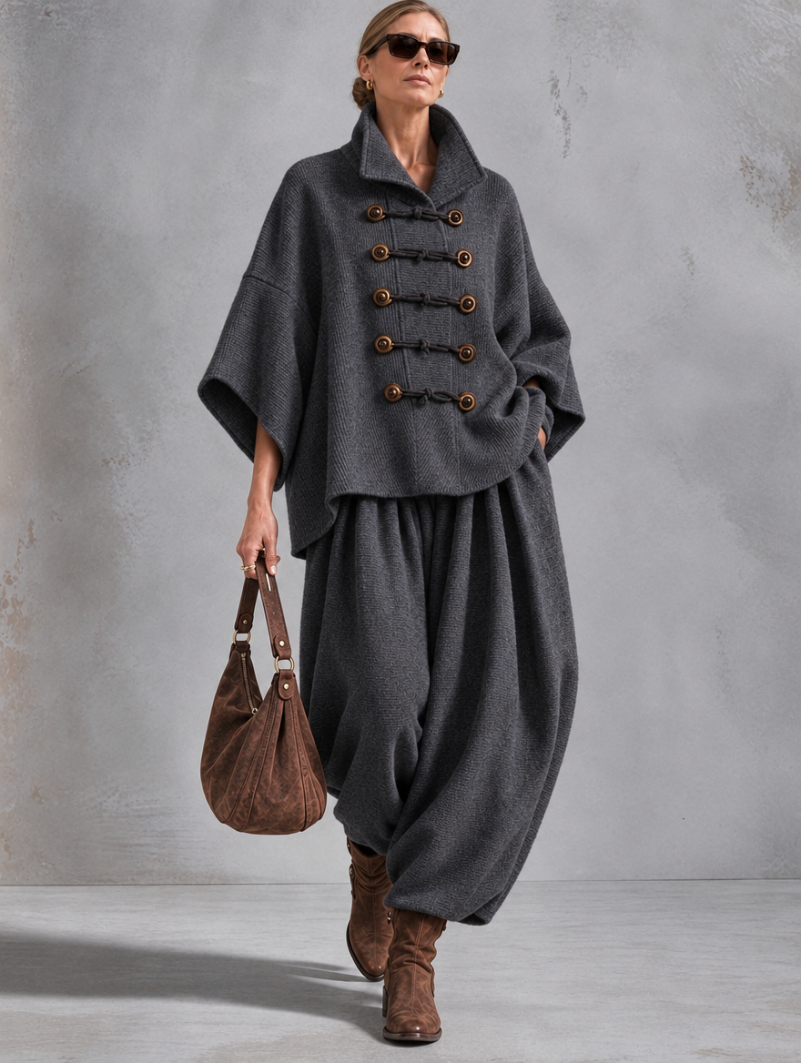 Oversized layered-collar toggle-fastening top and wide-leg trousers set