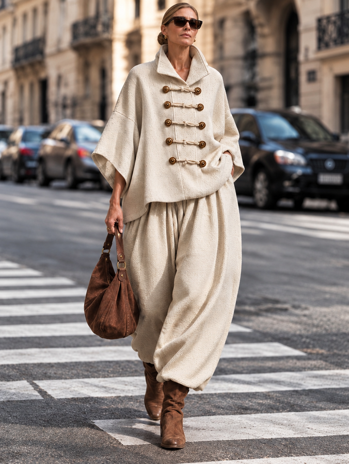 Oversized layered-collar toggle-fastening top and wide-leg trousers set