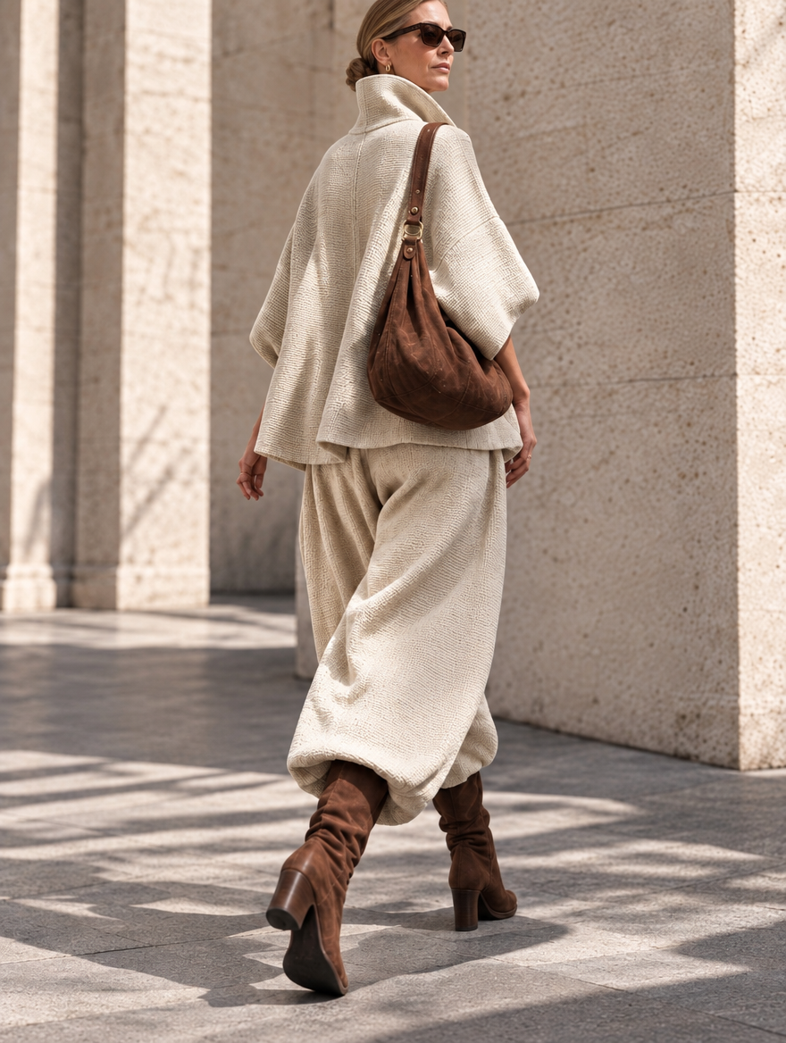 Oversized layered-collar toggle-fastening top and wide-leg trousers set