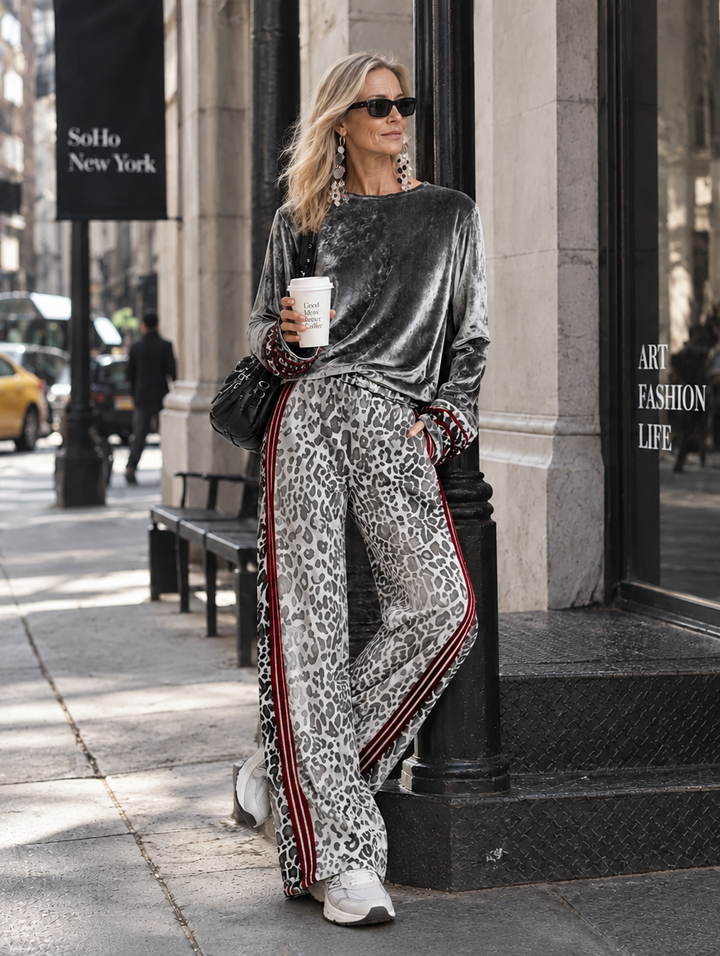 Silver Velvet Top and Leopard Print Wide-Leg Pants Set