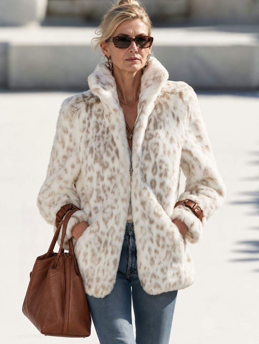 Fashionable Retro Leopard Print Off-white Faux Fur Short Coat