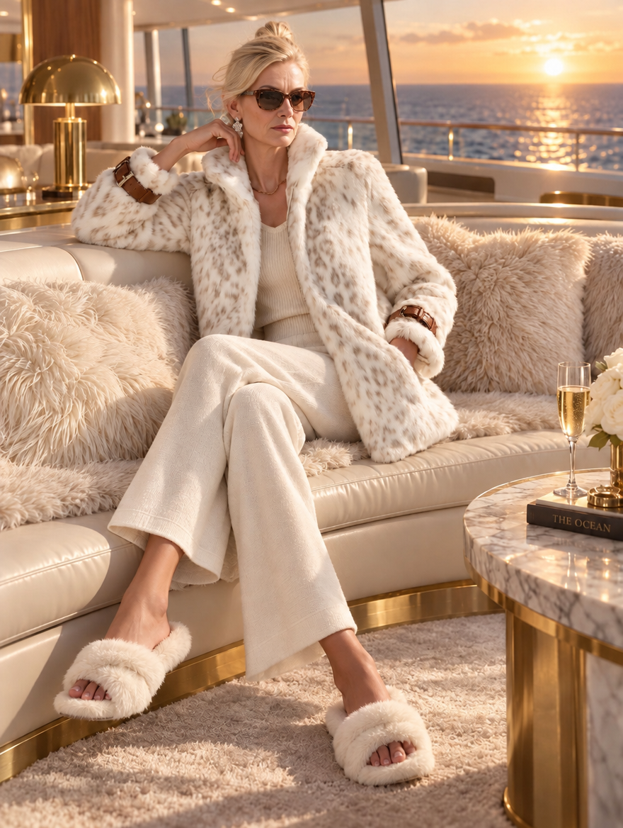 Fashionable Retro Leopard Print Off-white Faux Fur Short Coat