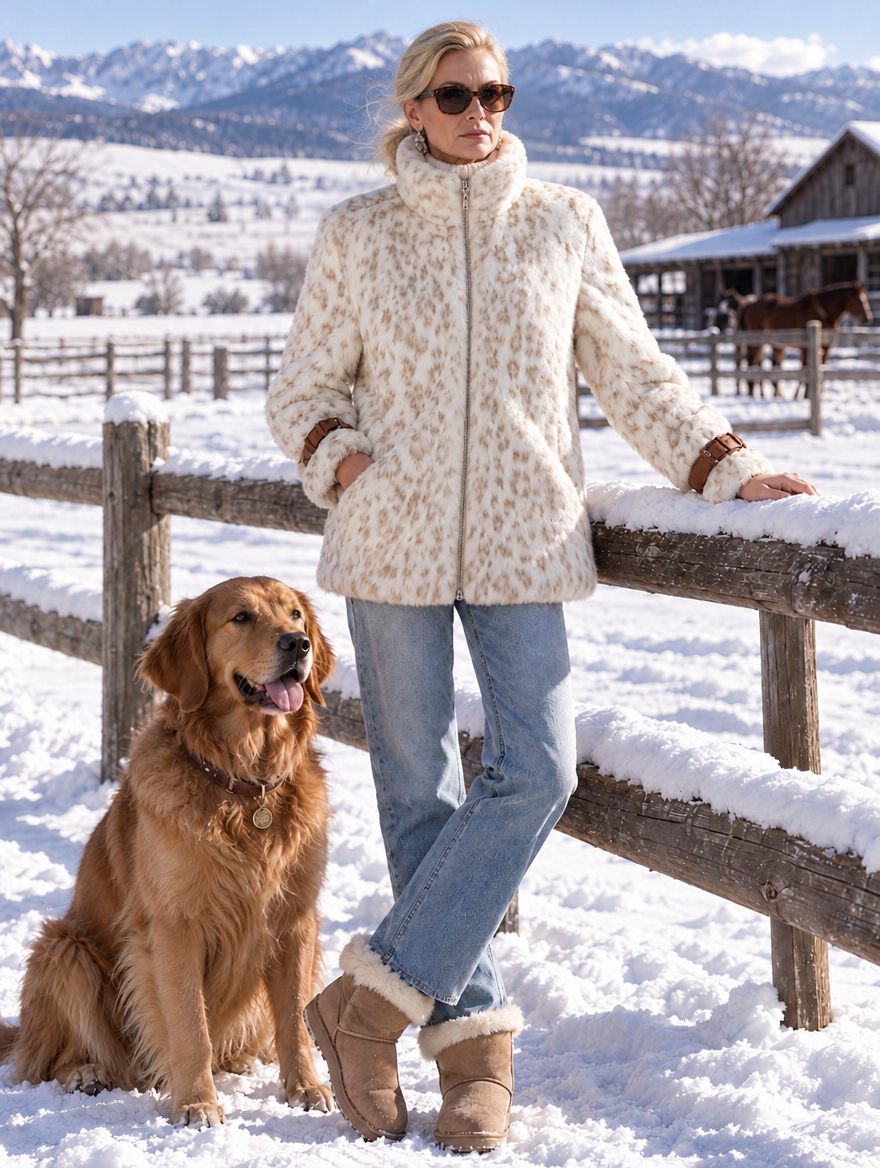 Fashionable Retro Leopard Print Off-white Faux Fur Short Coat