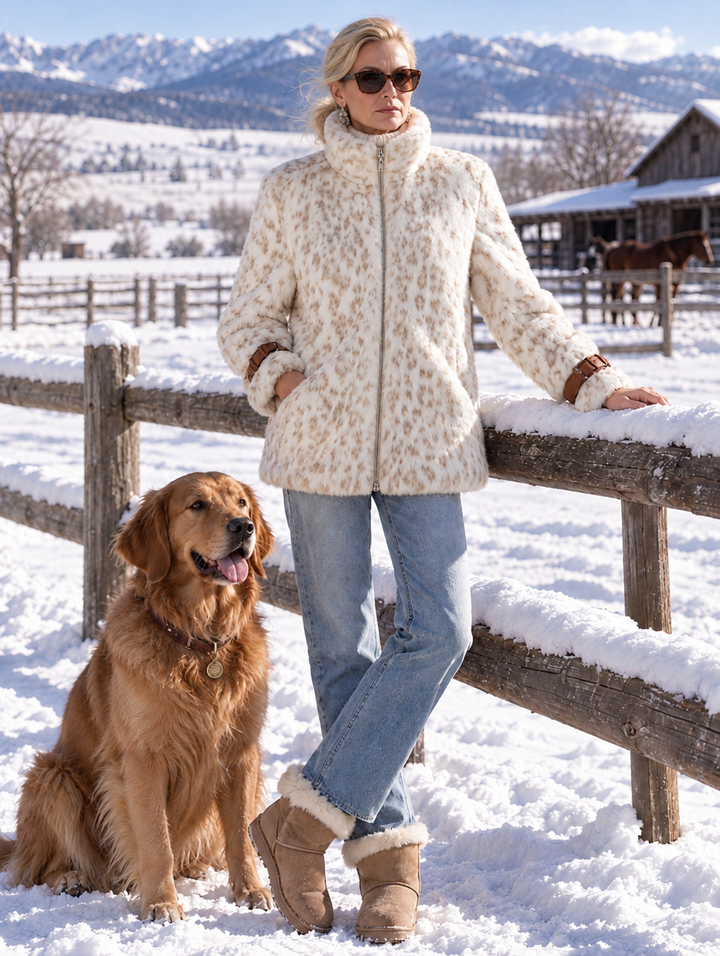 Fashionable Retro Leopard Print Off-white Faux Fur Short Coat
