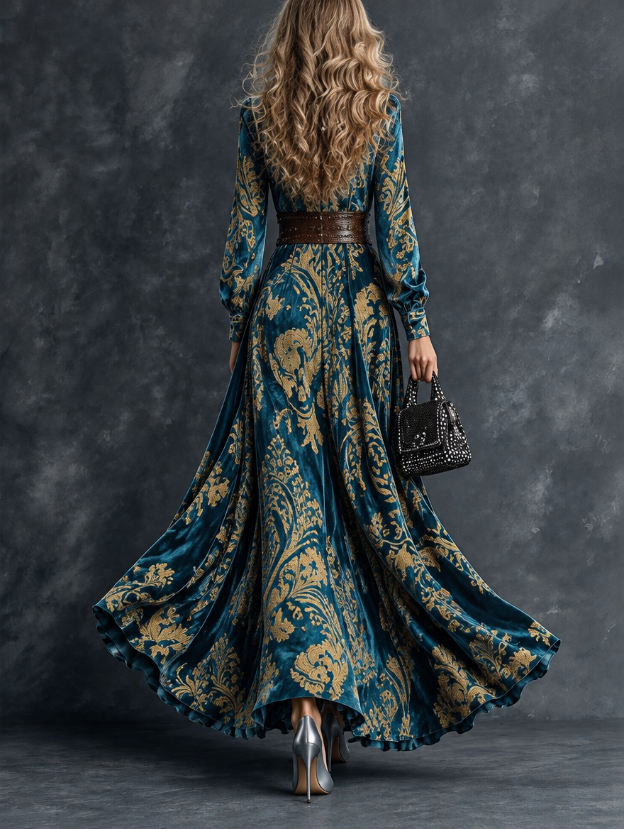 Teal Blue & Gold Baroque Print Maxi Dress back view