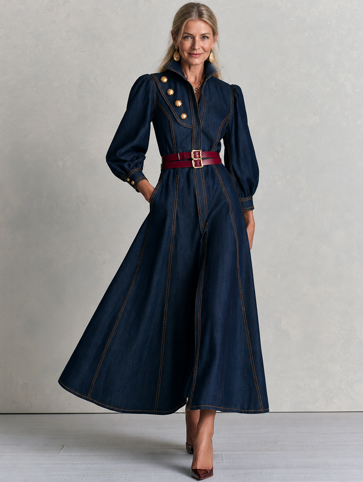 Vintage Military Dark Wash Gold Button Denim Maxi Dress