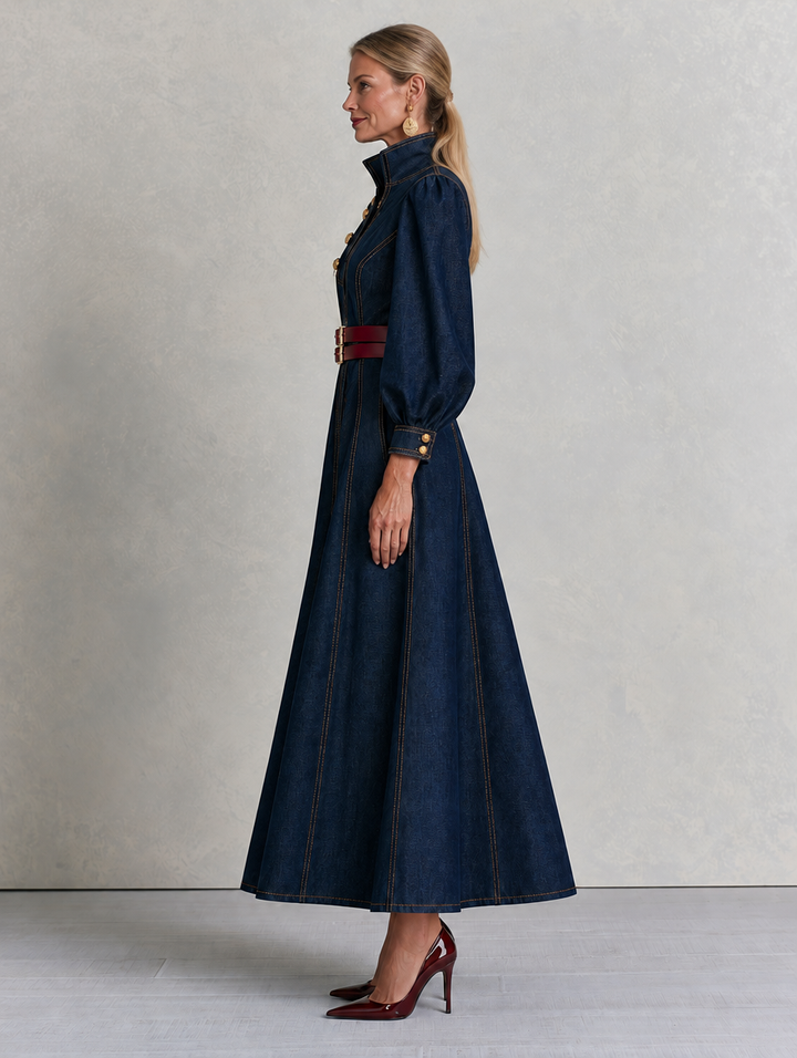 Vintage Military Dark Wash Gold Button Denim Maxi Dress